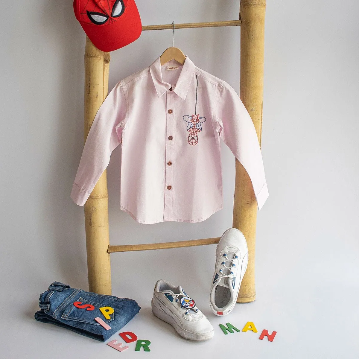 Spidey Embroidered Organic Cotton Shirt- Light Pink