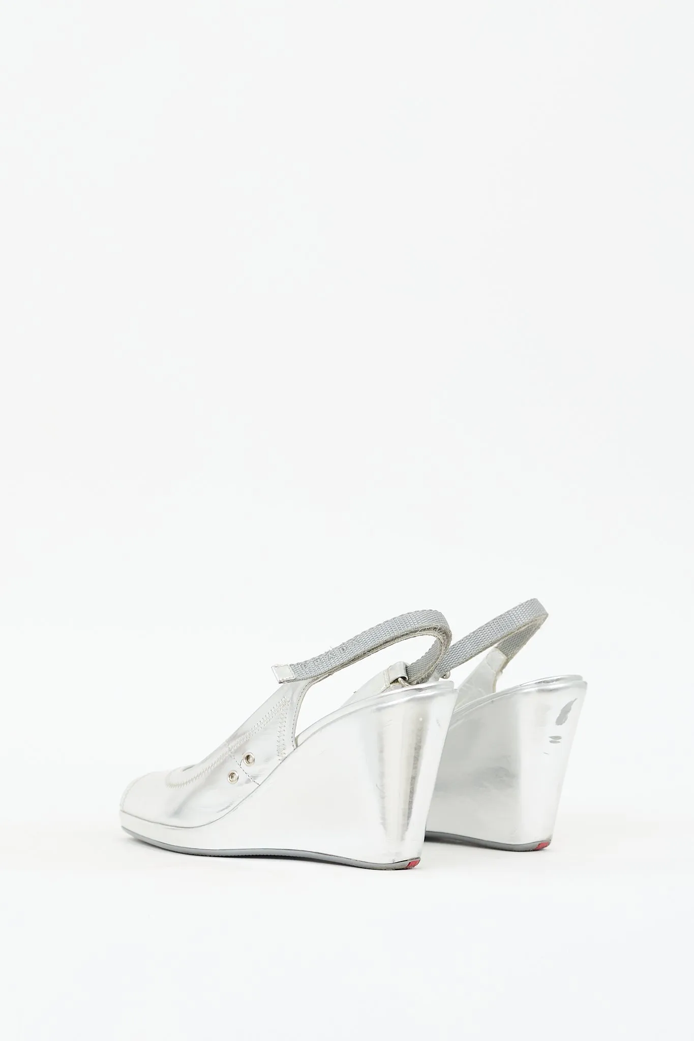 Sport Silver Metallic Leather Slingback Wedge Heel