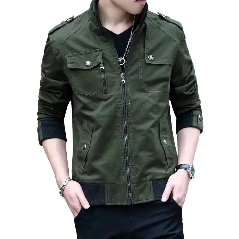 Spring Autumn New Men's Jacket Korean Fashion Stand-up Collar Thick Denim Cargo Pants Pure Cotton Coat Top Clothes