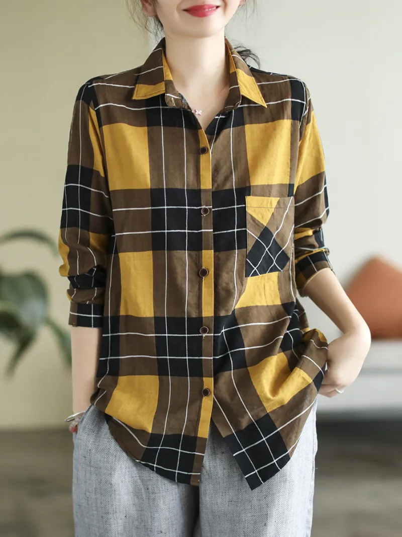 Spring Long Sleeve Stylish Lapel Plaid Loose Causal Shirt Dress