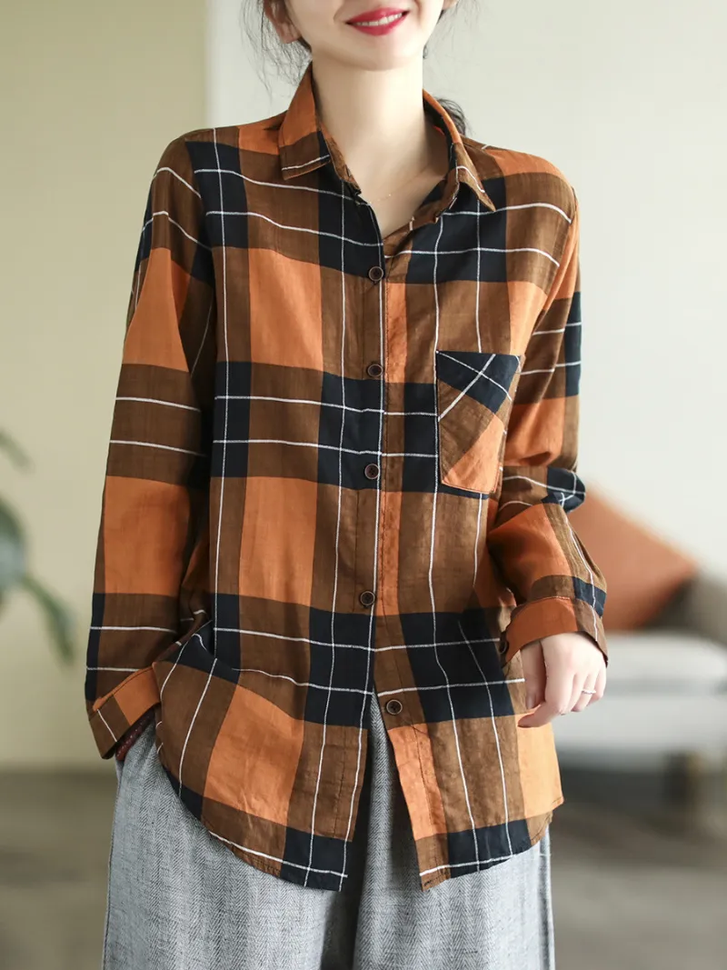 Spring Long Sleeve Stylish Lapel Plaid Loose Causal Shirt Dress