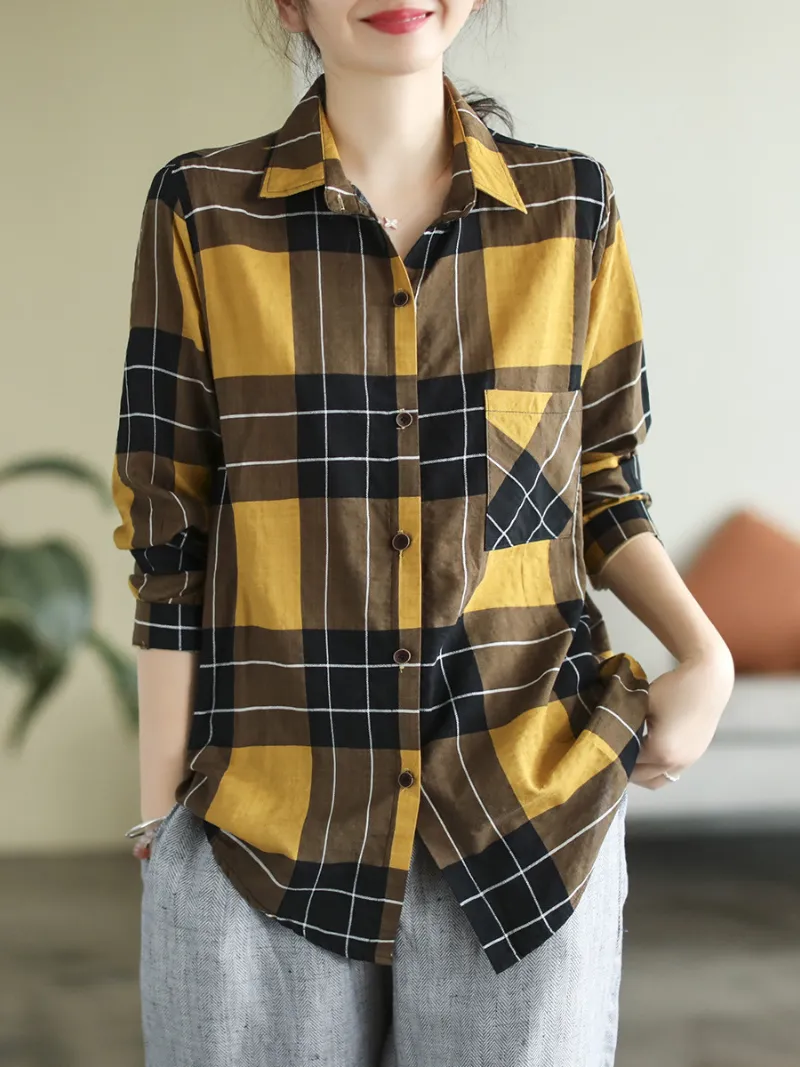 Spring Long Sleeve Stylish Lapel Plaid Loose Causal Shirt Dress