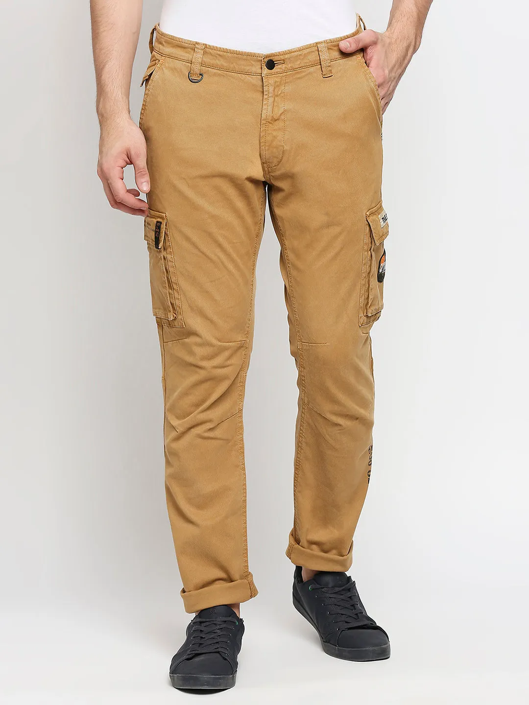 Spykar Men Camel Khaki Solid Slim Mid-Rise Trousers