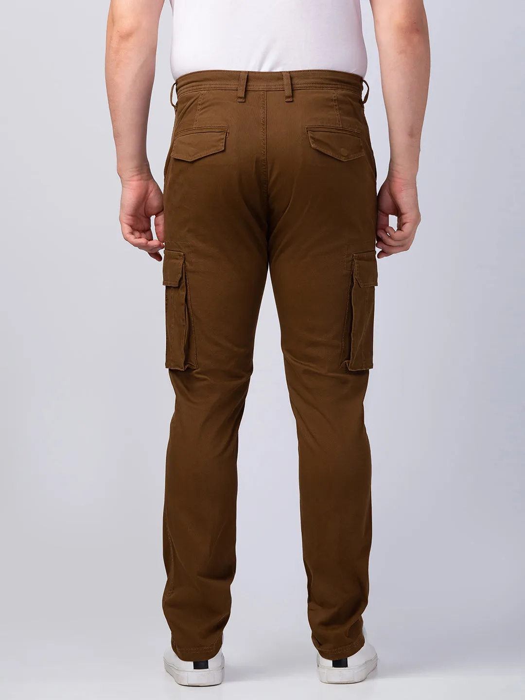 Spykar Men Mud Brown Cotton Slim Fit Ankle Length Trouser Cargo Pants