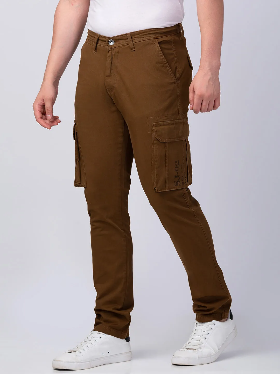 Spykar Men Mud Brown Cotton Slim Fit Ankle Length Trouser Cargo Pants