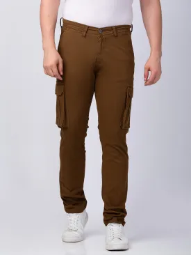 Spykar Men Mud Brown Cotton Slim Fit Ankle Length Trouser Cargo Pants