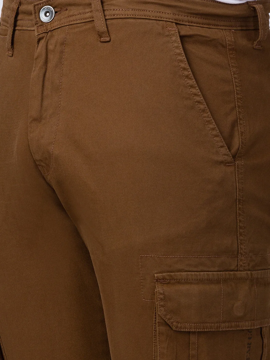 Spykar Men Mud Brown Cotton Slim Fit Ankle Length Trouser Cargo Pants