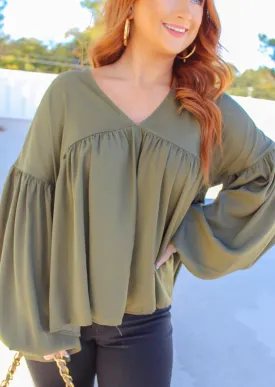 Stacy V Neck Babydoll Blouse- Olive