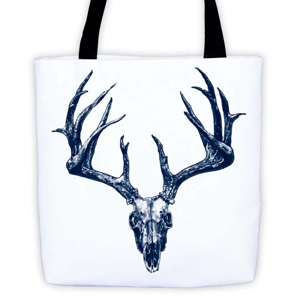 Stag Skull Blue Ink Tote Bag by Robert Bowen