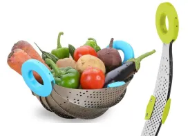 Stainless Steel with ABS Plastic 5-in-1 Collapsible Colander Strainer, Fruit Basket, Vegetable, Rice, Pulses Washing Bowl