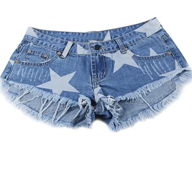 Star fringe distressed denim shorts