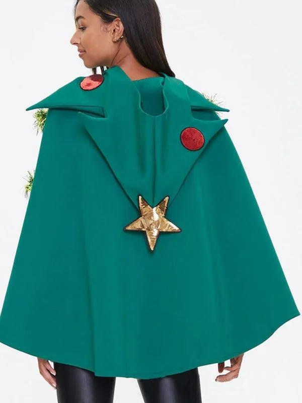 Star Hooded Christmas Tree Poncho Cape