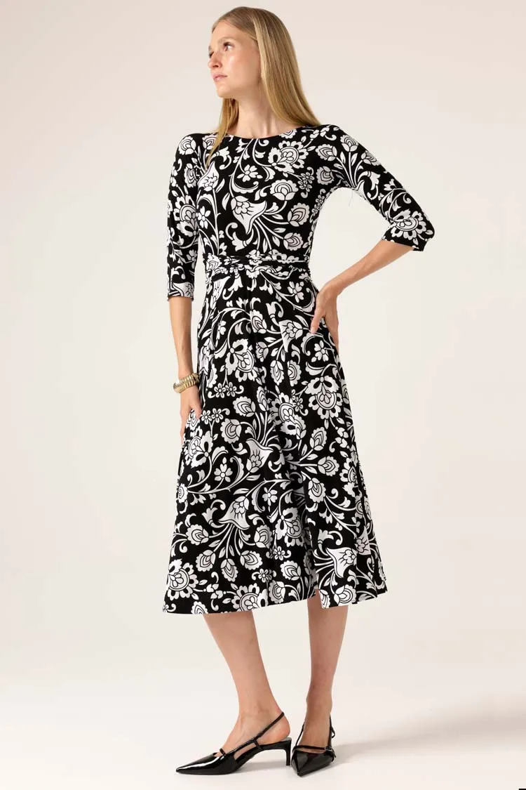 Starling Reverse Wrap Dress in B/W Flower