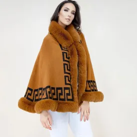 Stay cozy and stylish with our trendy Greek key design Shawl Cape Ruana Camel Faux Fur Trim Wrap