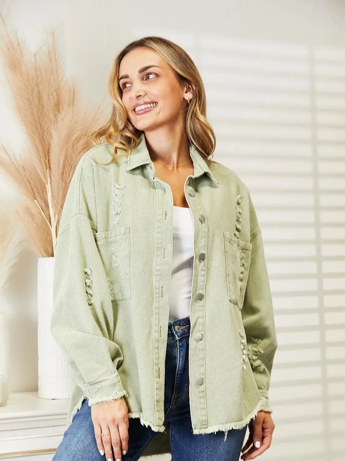 Stay Stylish with Women's Distressed Raw Hem Denim Jacket