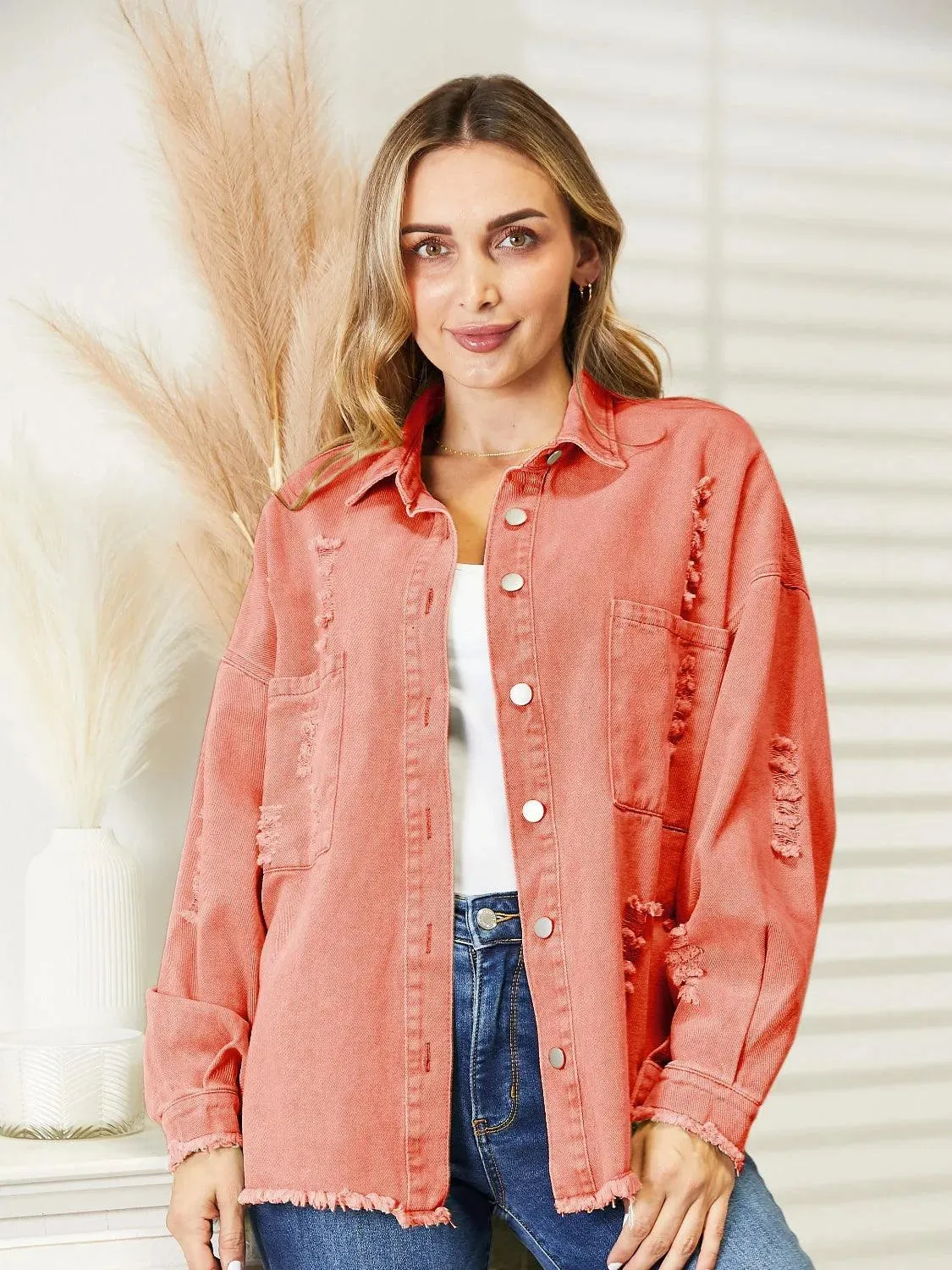 Stay Stylish with Women's Distressed Raw Hem Denim Jacket