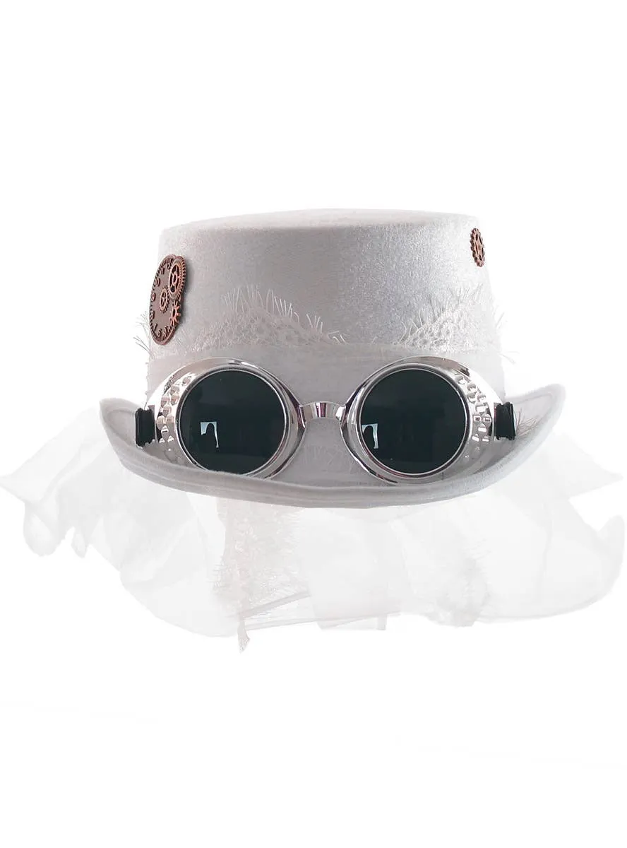 Steampunk White Velvet Top Hat with Goggles and Veil