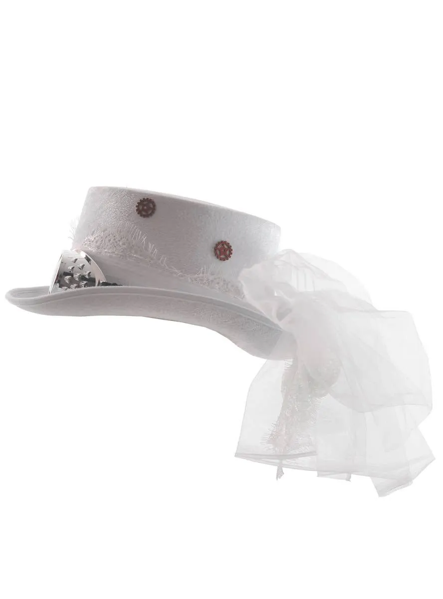 Steampunk White Velvet Top Hat with Goggles and Veil