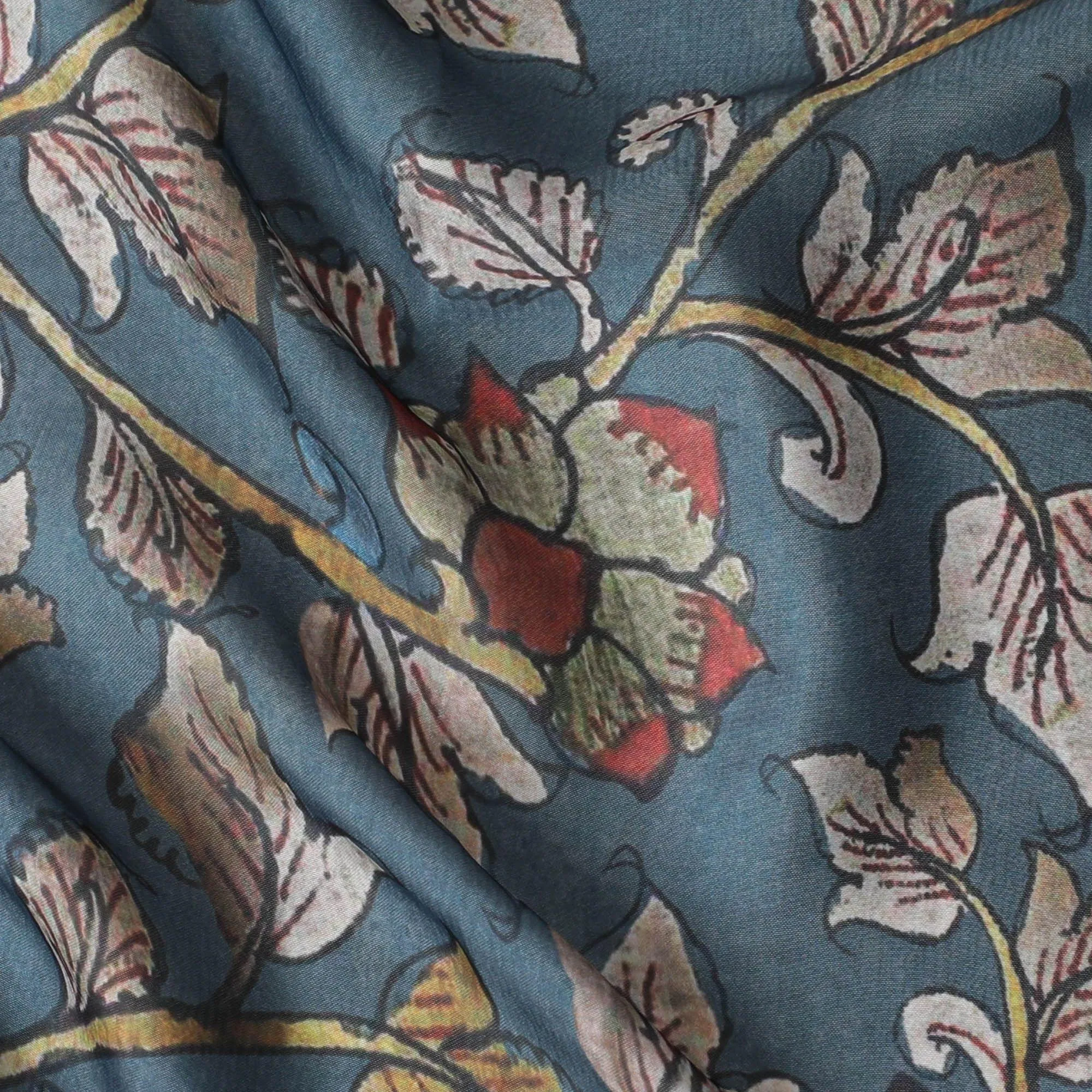 Steel grey synthetic modal satin fabric with multicolor print in floral design-D15016