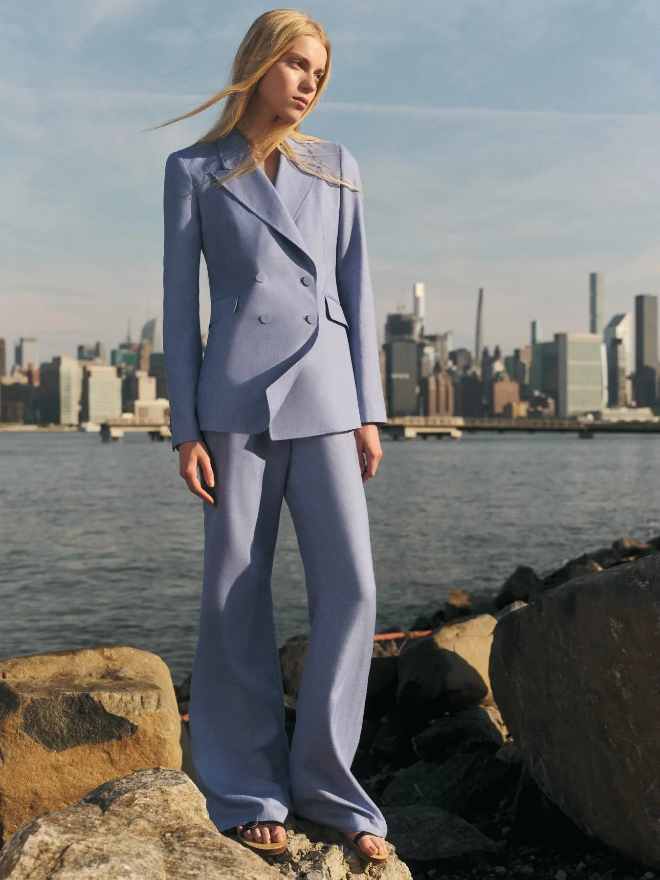 Stephanie Blazer in Light Blue Virgin Wool and Silk Linen Twill