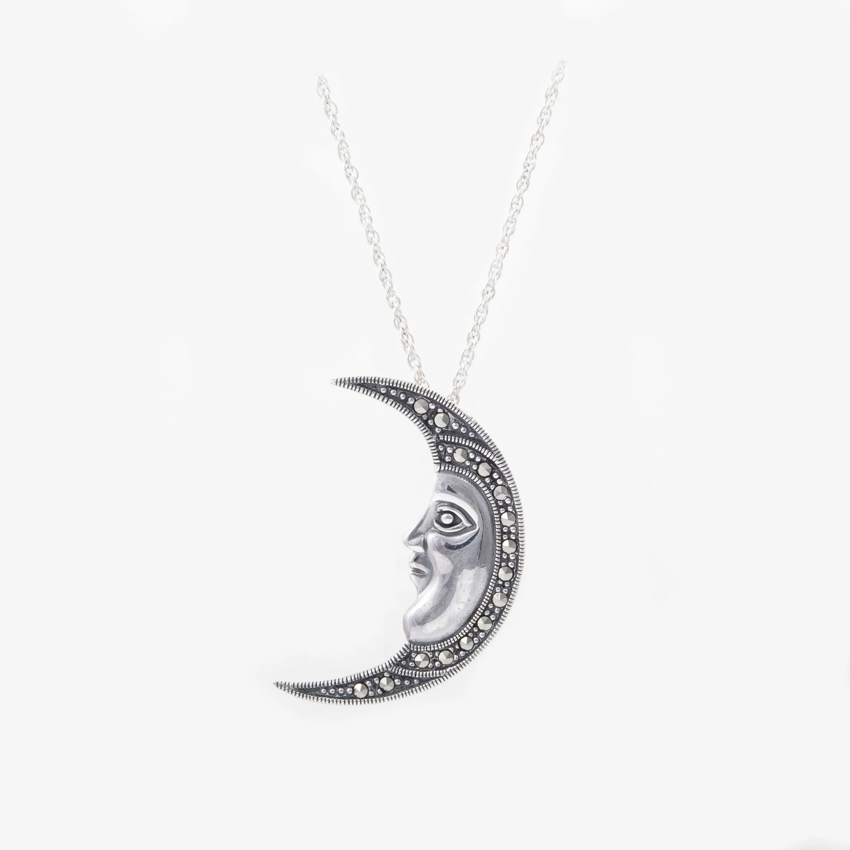 Sterling Silver Marcasite Moon Face Brooch/ Pendant