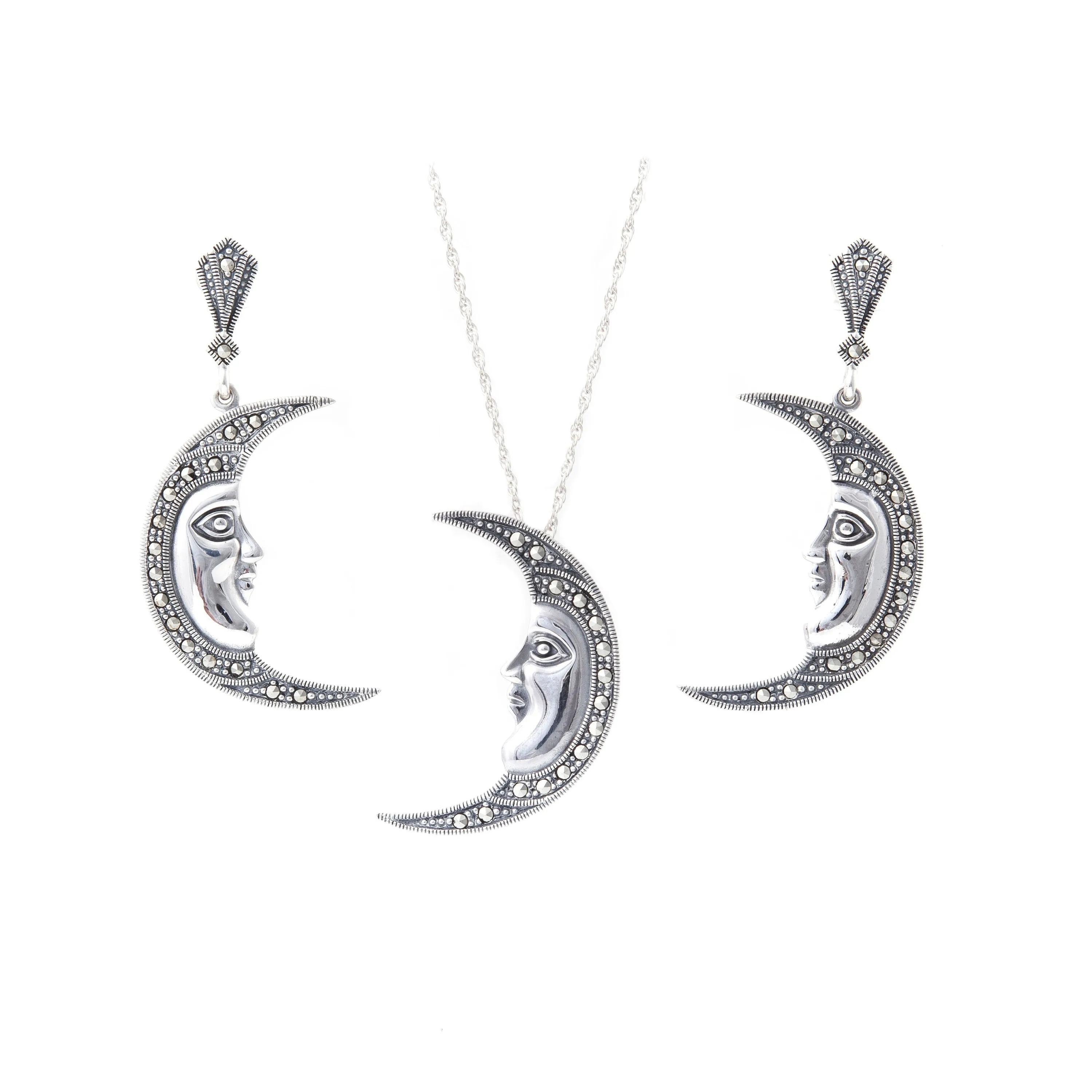 Sterling Silver Marcasite Moon Face Brooch/ Pendant