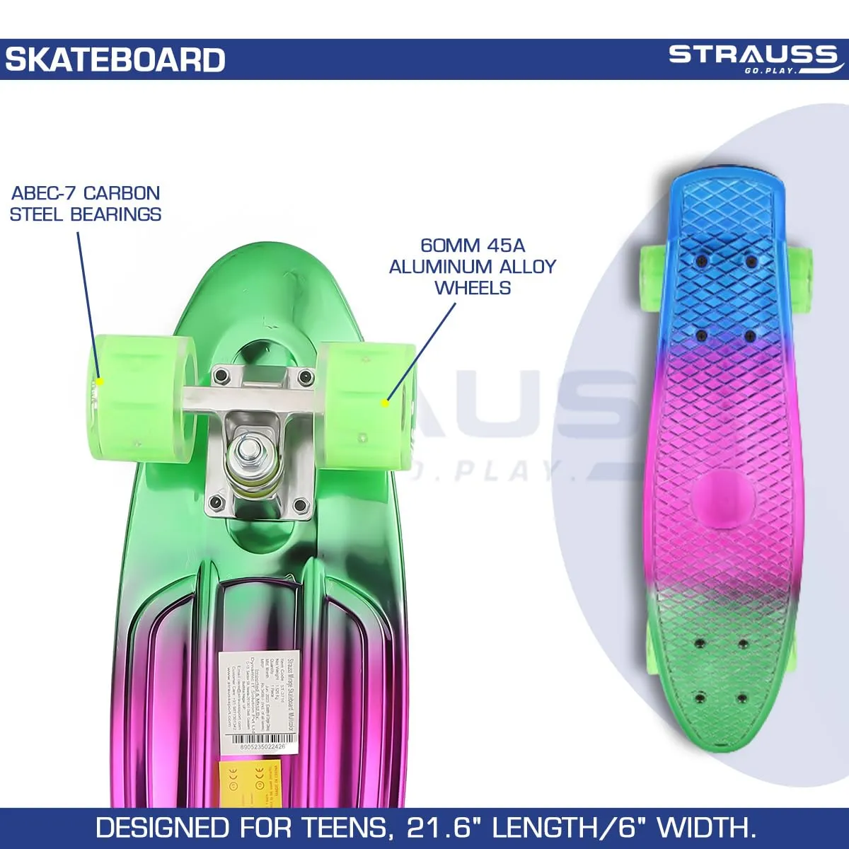 STRAUSS Cruiser Skateboard| Penny Skateboard | Casterboard | Hoverboard | Anti-Skid Board with ABEC-7 High Precision Bearings | Ideal for 8 Years and Above | 22 X 6 Inch,(Green,Pink,Blue)