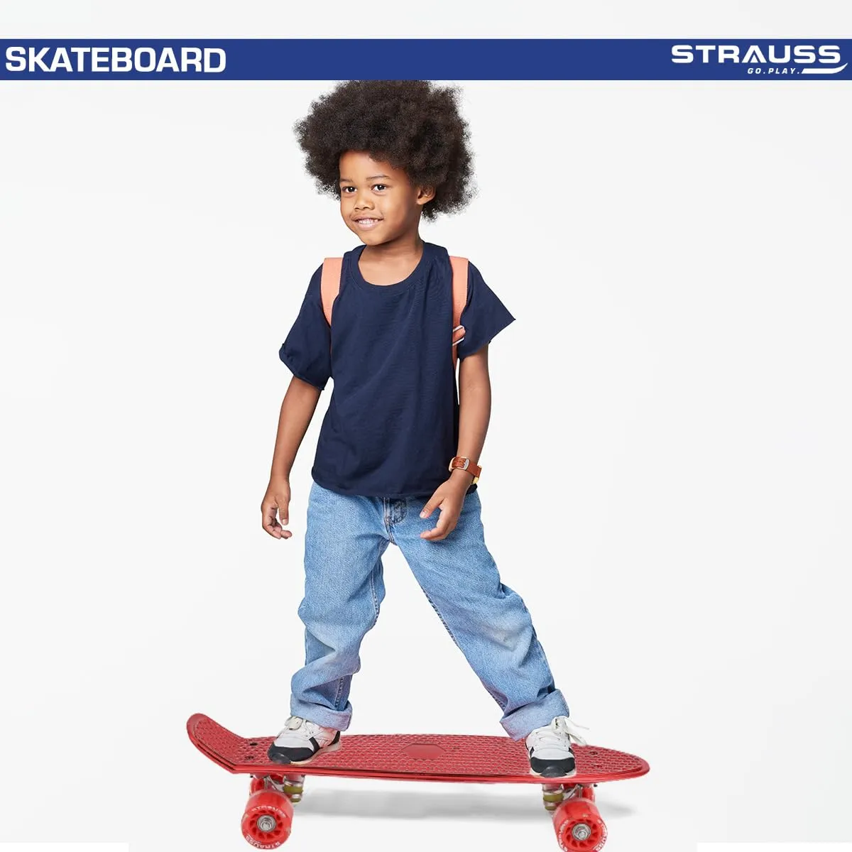 STRAUSS Cruiser Skateboard| Penny Skateboard | Casterboard | Hoverboard | Anti-Skid Board with ABEC-7 High Precision Bearings | PU Wheel with Light |Ideal for 8 Years and Above | 22 X 6 Inch,(Red)