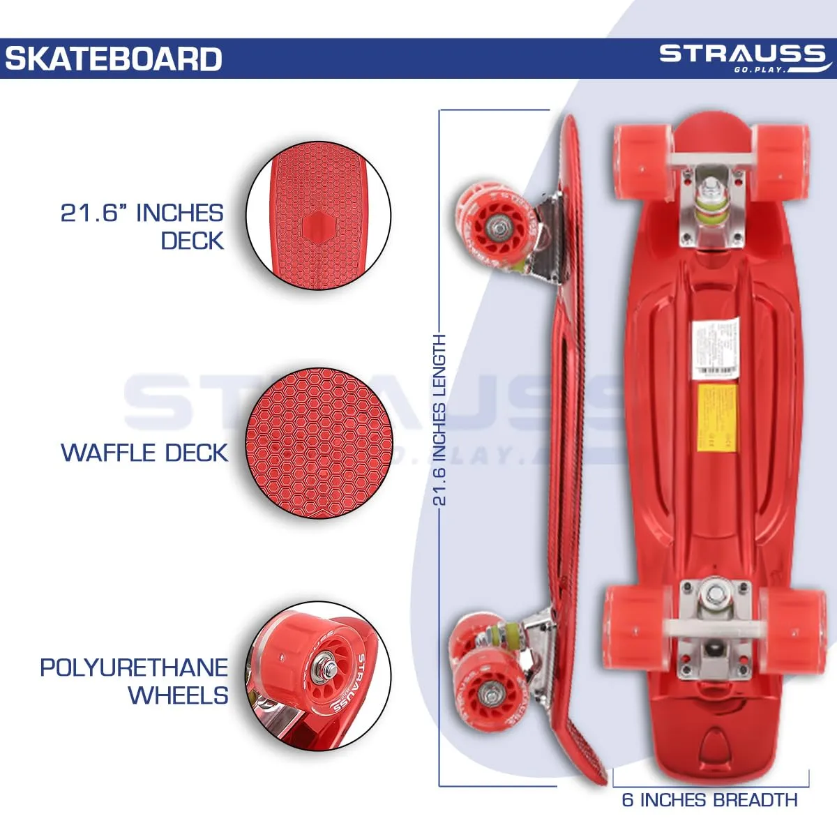 STRAUSS Cruiser Skateboard| Penny Skateboard | Casterboard | Hoverboard | Anti-Skid Board with ABEC-7 High Precision Bearings | PU Wheel with Light |Ideal for 8 Years and Above | 22 X 6 Inch,(Red)