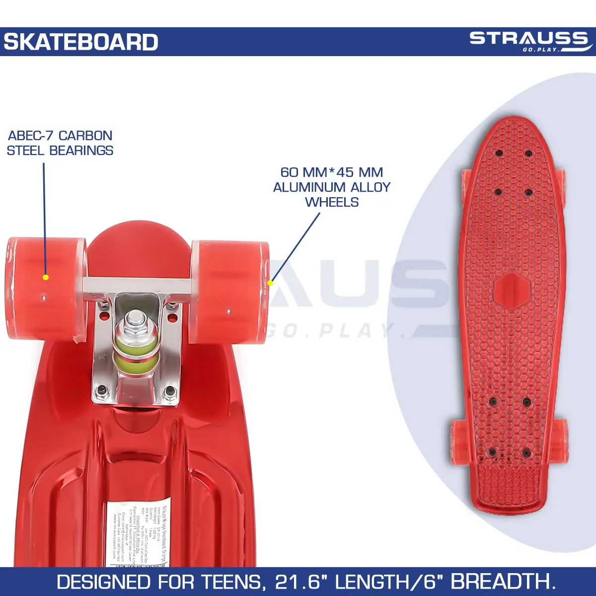 STRAUSS Cruiser Skateboard| Penny Skateboard | Casterboard | Hoverboard | Anti-Skid Board with ABEC-7 High Precision Bearings | PU Wheel with Light |Ideal for 8 Years and Above | 22 X 6 Inch,(Red)