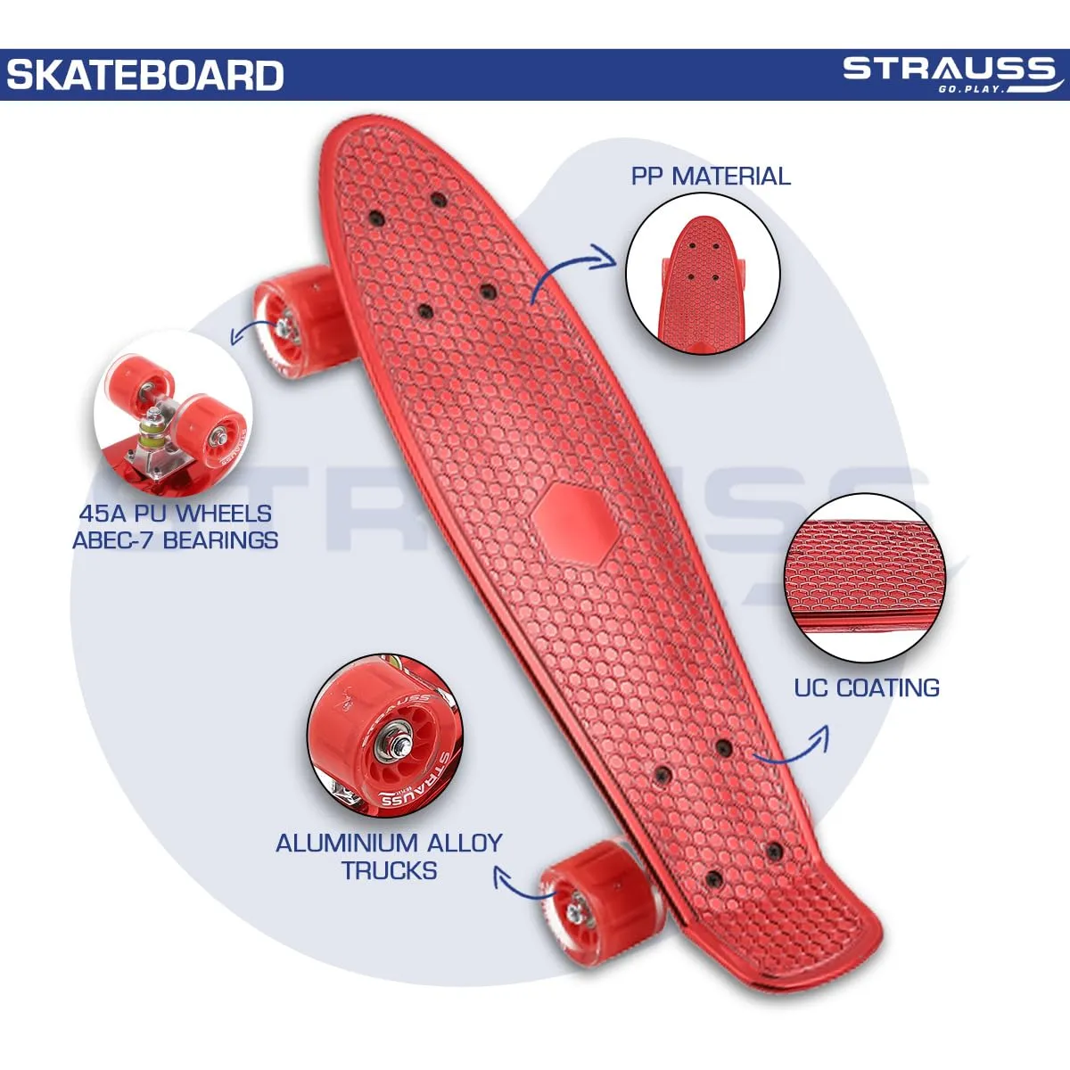 STRAUSS Cruiser Skateboard| Penny Skateboard | Casterboard | Hoverboard | Anti-Skid Board with ABEC-7 High Precision Bearings | PU Wheel with Light |Ideal for 8 Years and Above | 22 X 6 Inch,(Red)