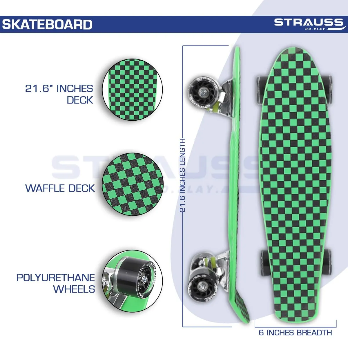 STRAUSS Cruiser Skateboard| Penny Skateboard| Casterboard| Hoverboard|Anti-Skid Board with ABEC-7 High Precision Bearings|PU Wheel with Light |Ideal for 8 Years and Above,22 X 6 Inch,(Checkered Green)