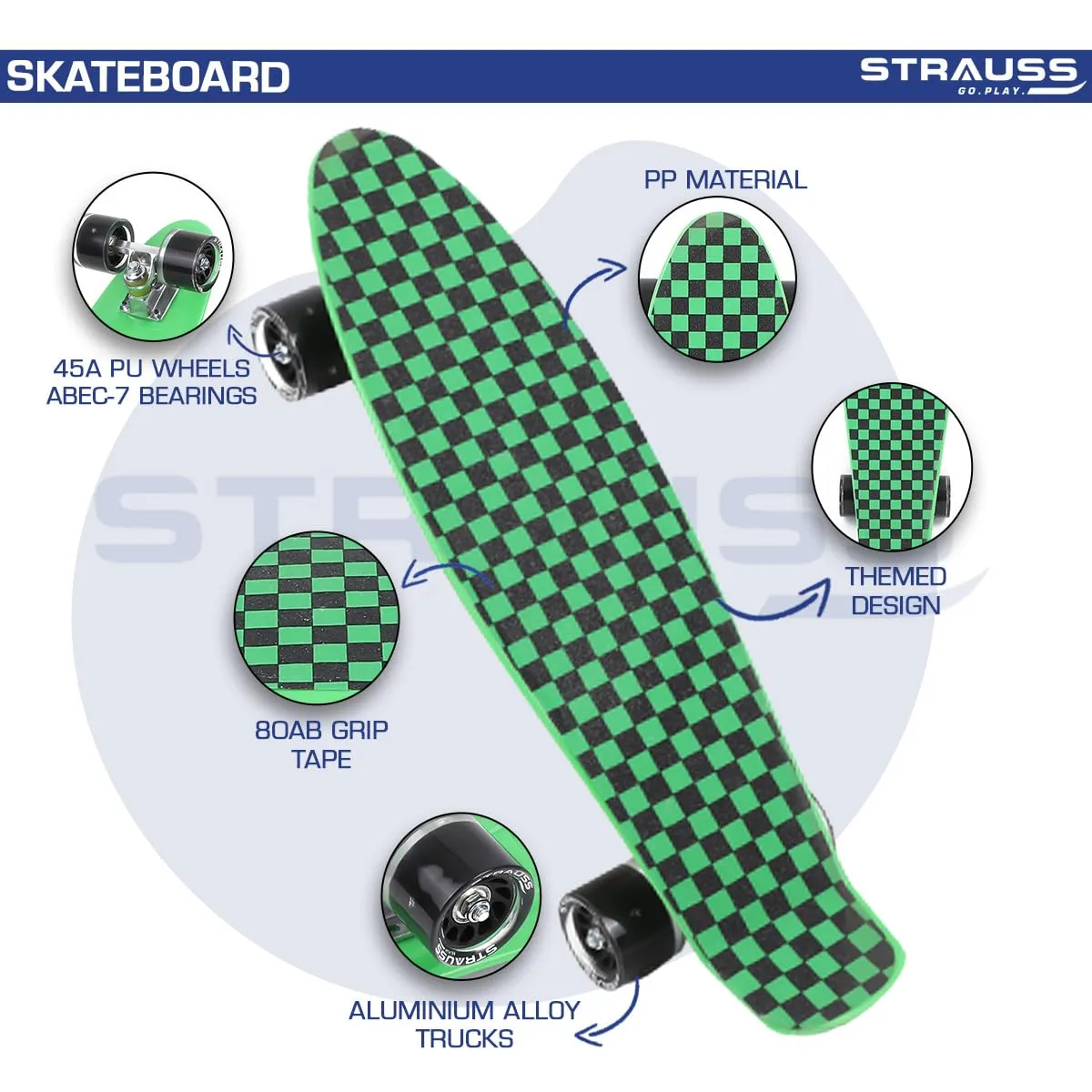 STRAUSS Cruiser Skateboard| Penny Skateboard| Casterboard| Hoverboard|Anti-Skid Board with ABEC-7 High Precision Bearings|PU Wheel with Light |Ideal for 8 Years and Above,22 X 6 Inch,(Checkered Green)