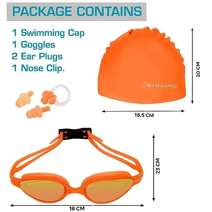 STRAUSS Swimming Goggles Set with UV and Anti Fog Protection | Swimming Kit of Goggles,Cap,Earplug & Nose Plug Set - Ideal for All Age Group | Pack of 10