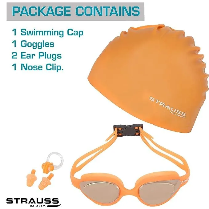 STRAUSS Swimming Goggles Set with UV and Anti Fog Protection | Swimming Kit of Goggles,Cap,Earplug & Nose Plug Set - Ideal for All Age Group | Pack of 10