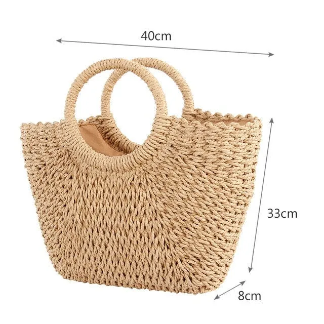 Straw Beach Tote Bag with Handles Shoulder Bag | Vegan Handwoven Moroccan Style Straw Summer Vacation Hand Bag - Wicker Resort Wear Purse