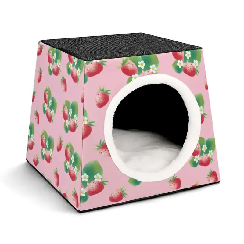 Strawberry Pet House Tent with Pink Floral Design and Convertible Options