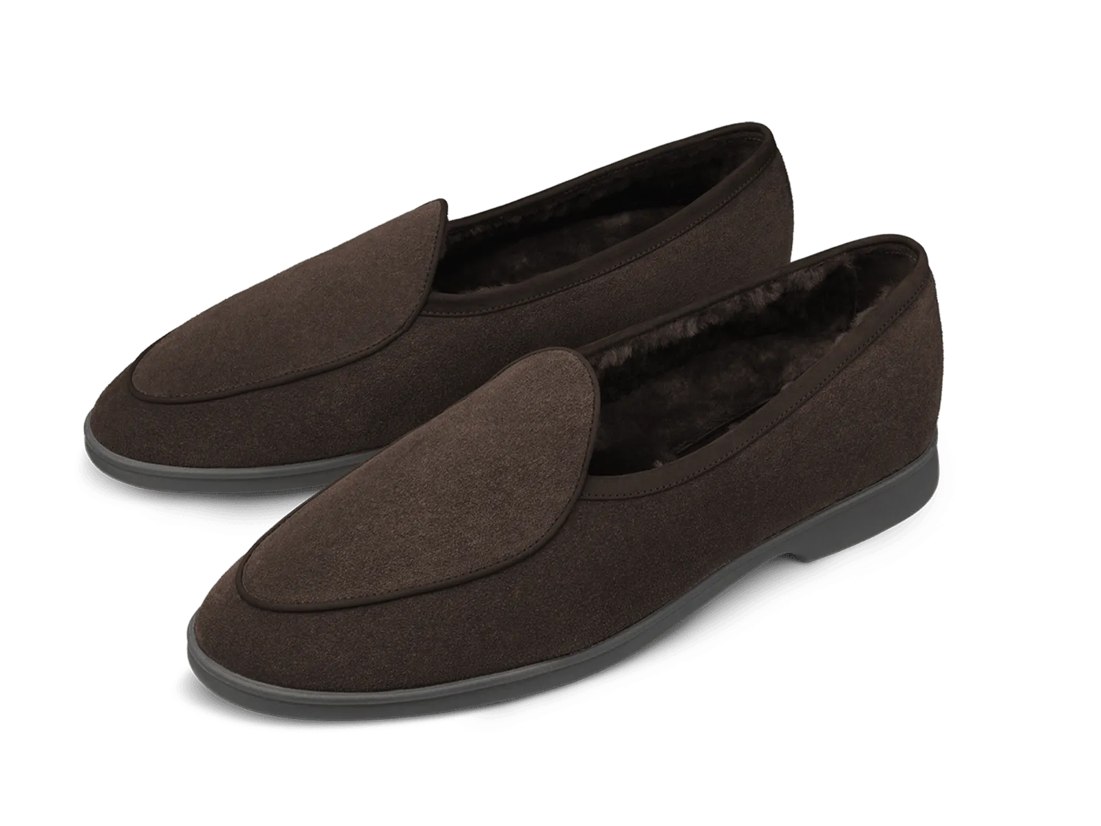 Stride Loafers in Dark Brown Glove Suede with Shearling Lining Dark Sole