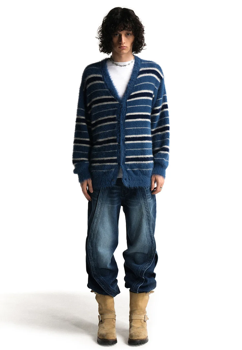 Stripe brushed cardigan blue