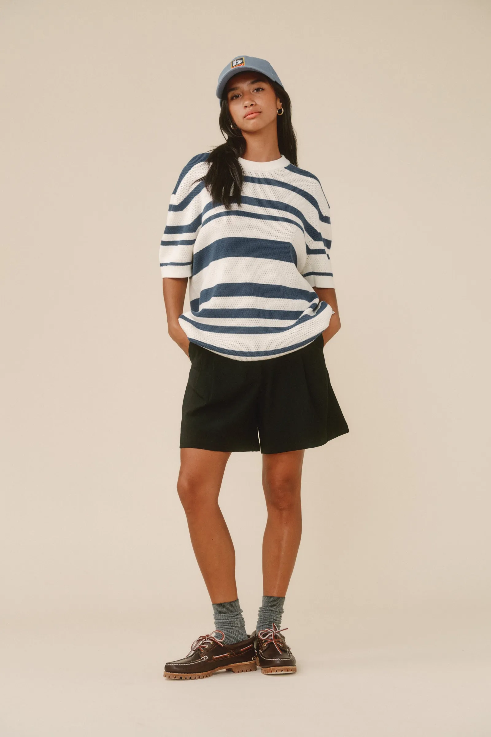 STRIPE CROCHET KNIT TEE - OXFORD & ECRU