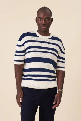 STRIPE CROCHET KNIT TEE - OXFORD & ECRU