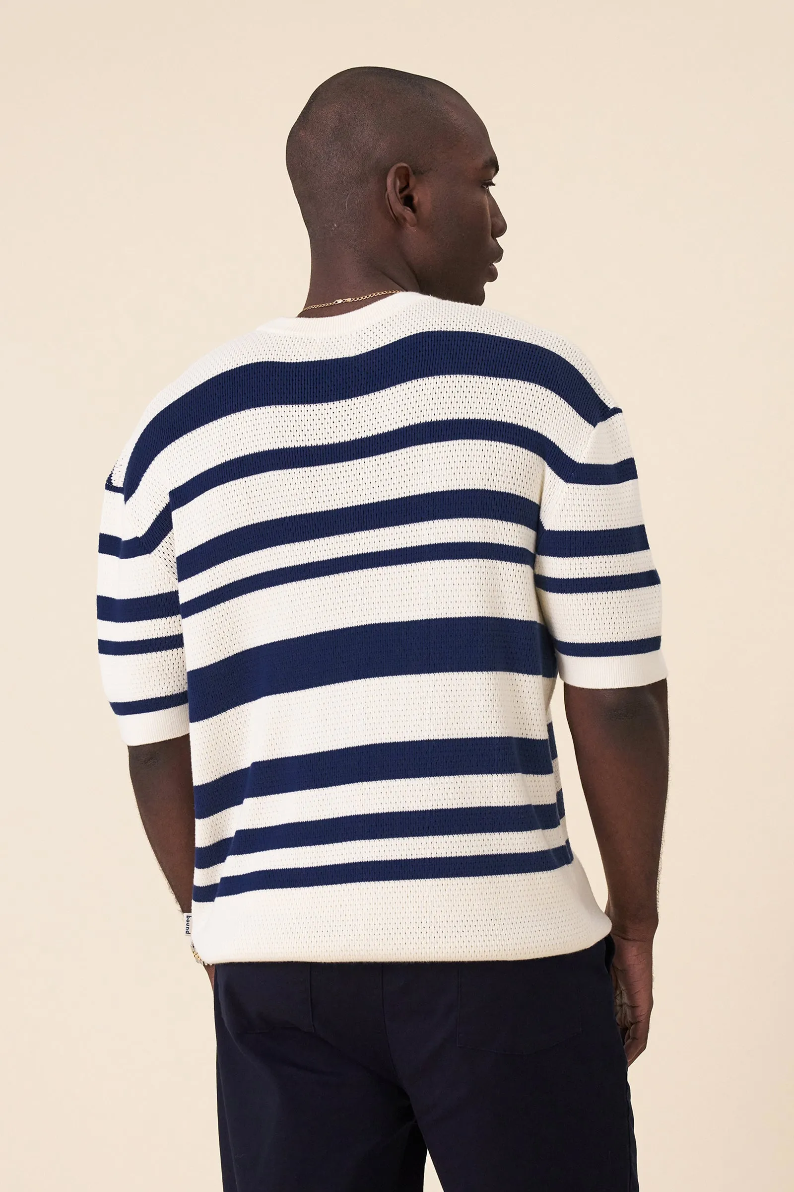 STRIPE CROCHET KNIT TEE - OXFORD & ECRU