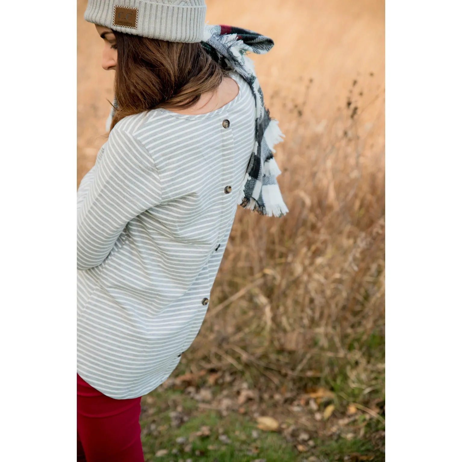 Striped Button Back Accent Sweatshirt