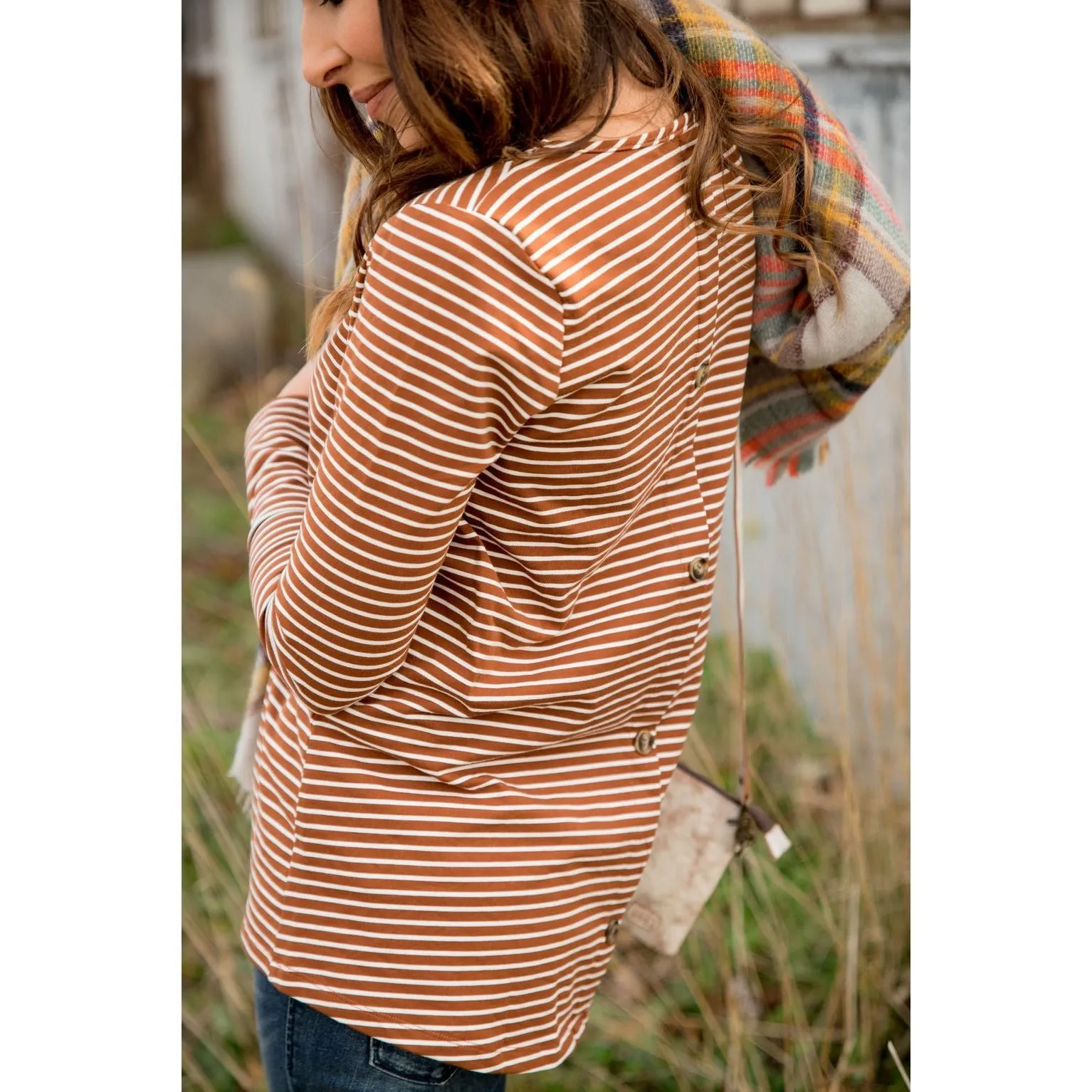 Striped Button Back Accent Sweatshirt