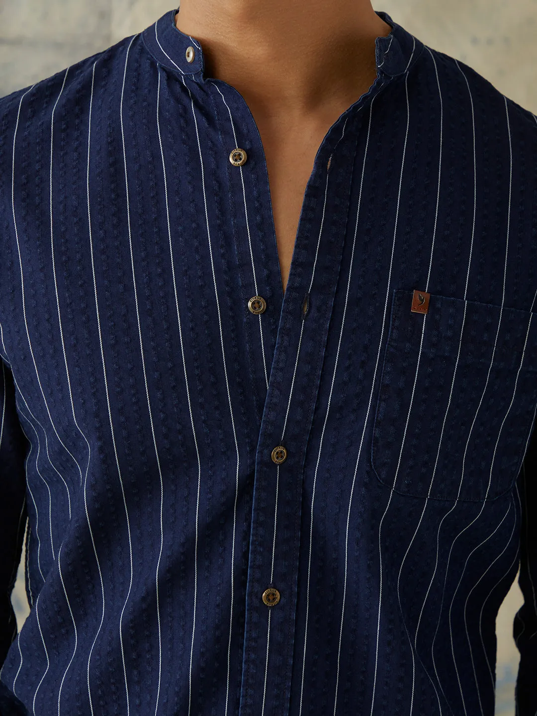 Striped Chinese Collar Shirt