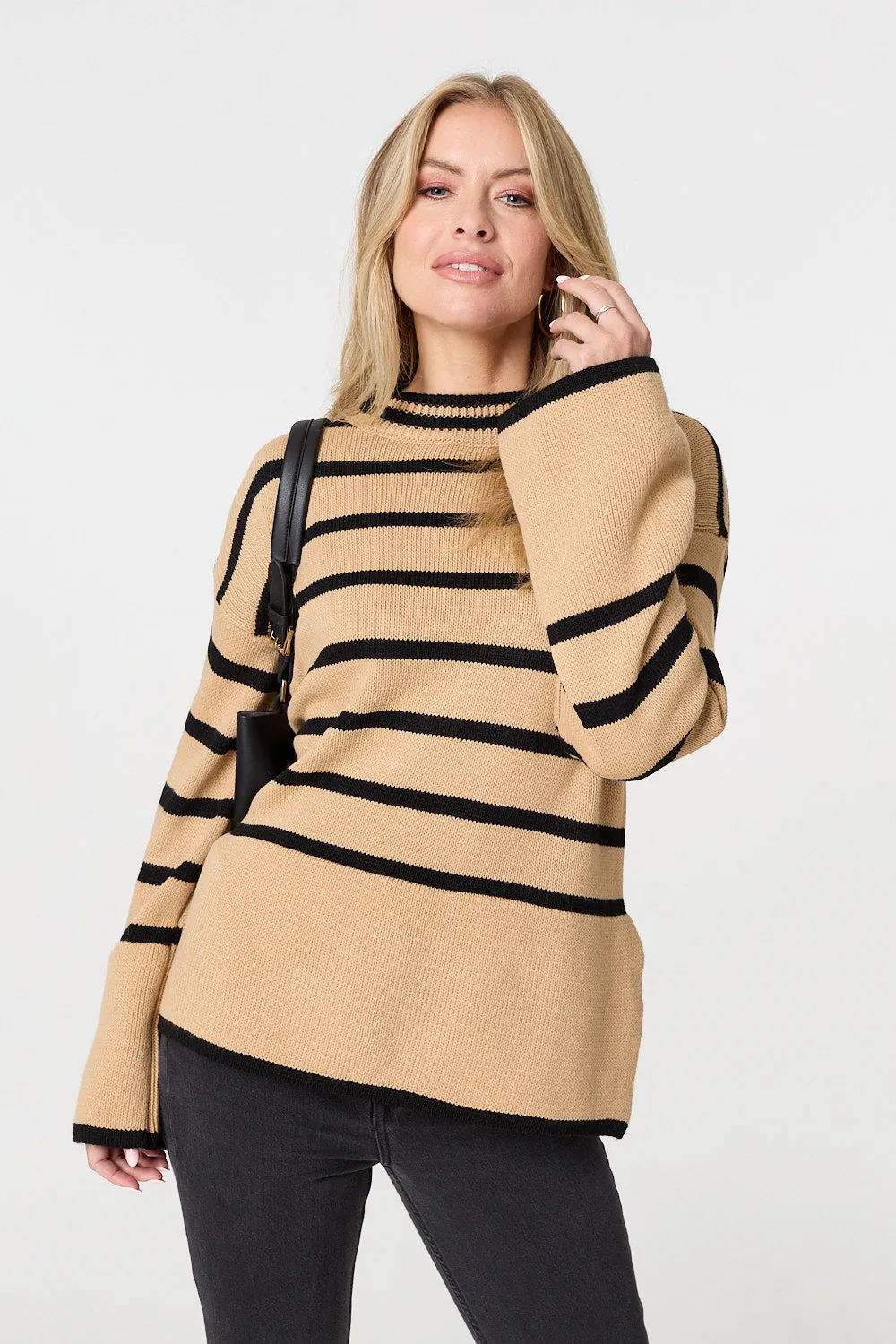 Striped Flare Sleeve Roll Neck Jumper