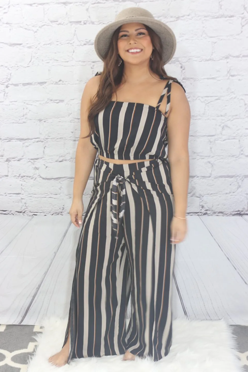 Striped tie shoulder crop top