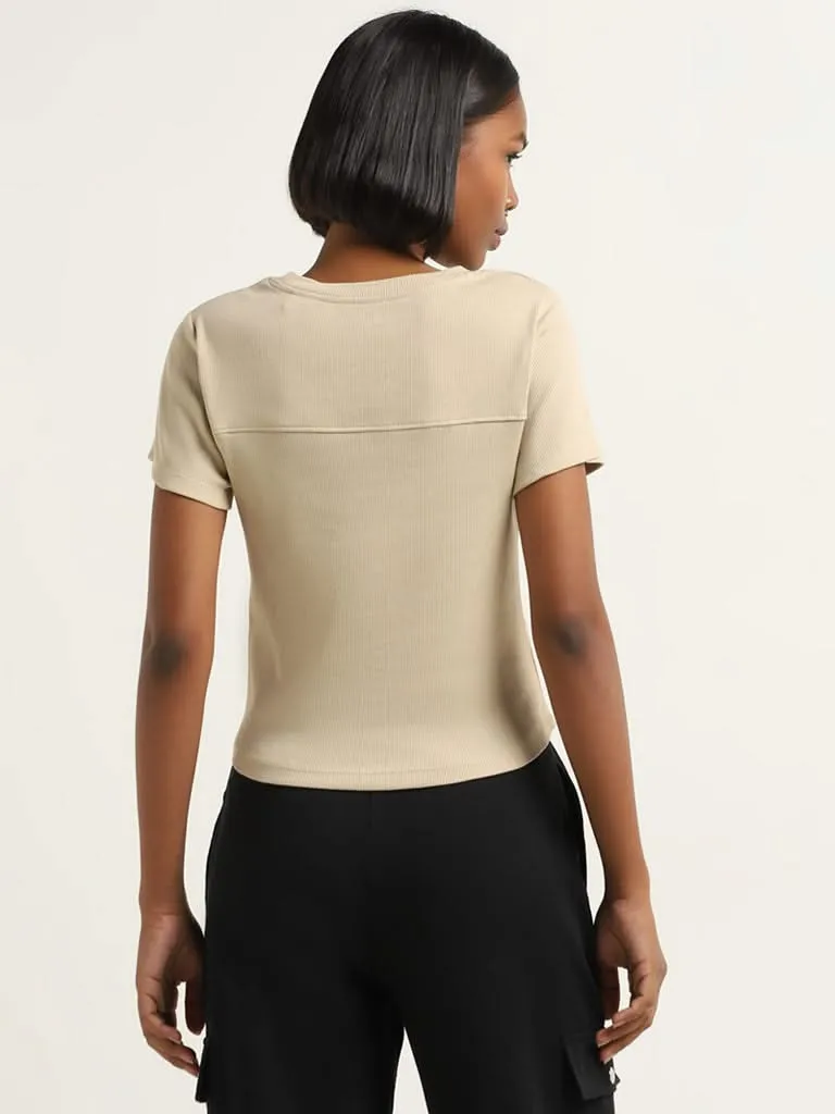 Studiofit Beige Cut-Out Detail Ribbed T-Shirt