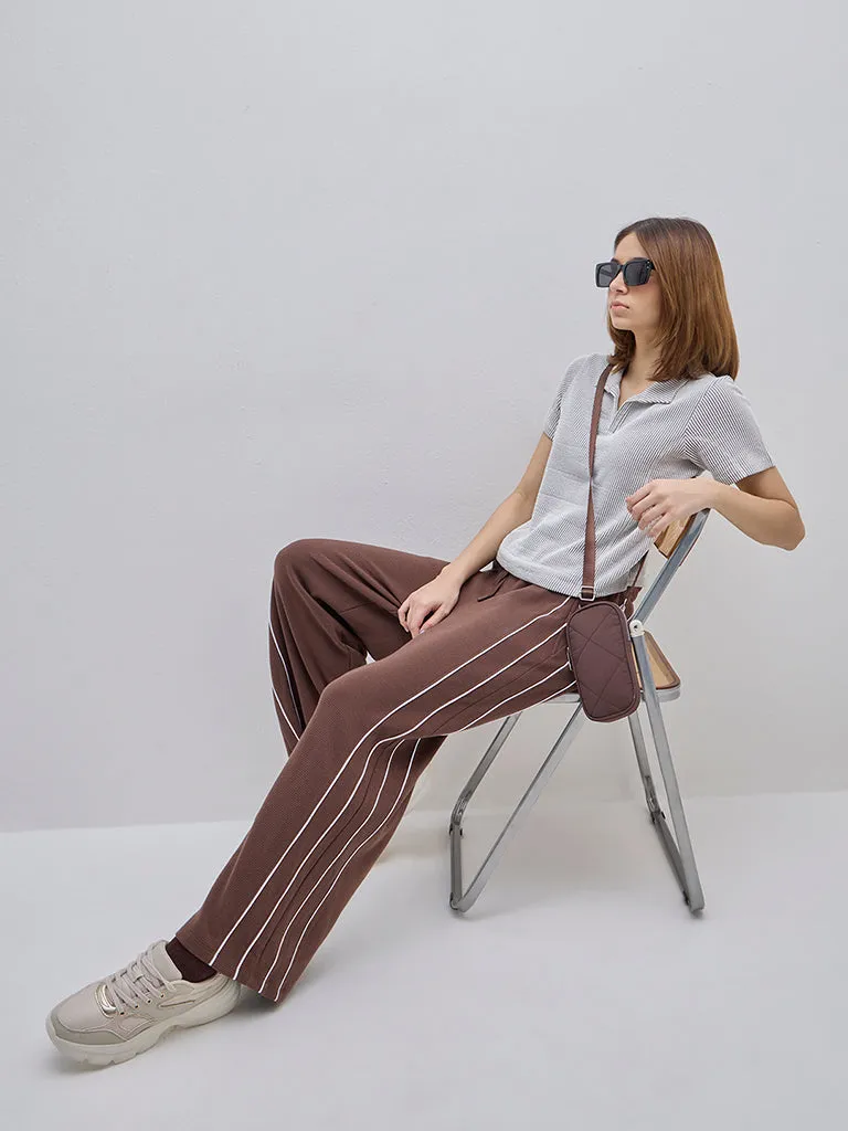 Studiofit Brown Striped and Textured T-Shirt