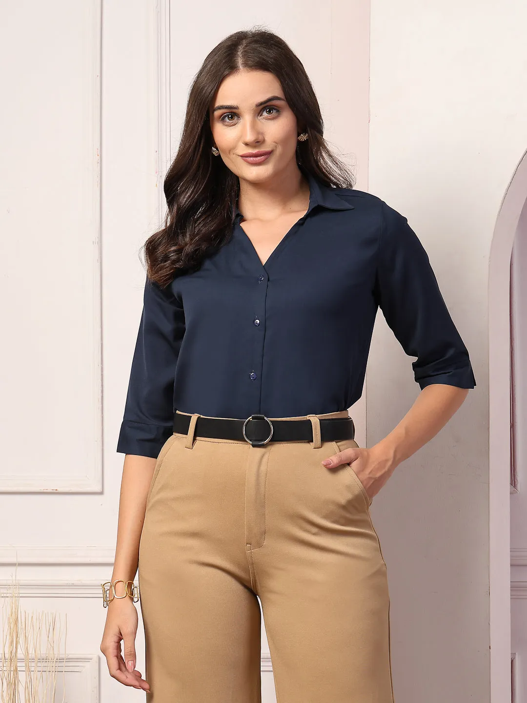 Style Quotient Women Navy Solid Polymoss Regular Formal Shirt